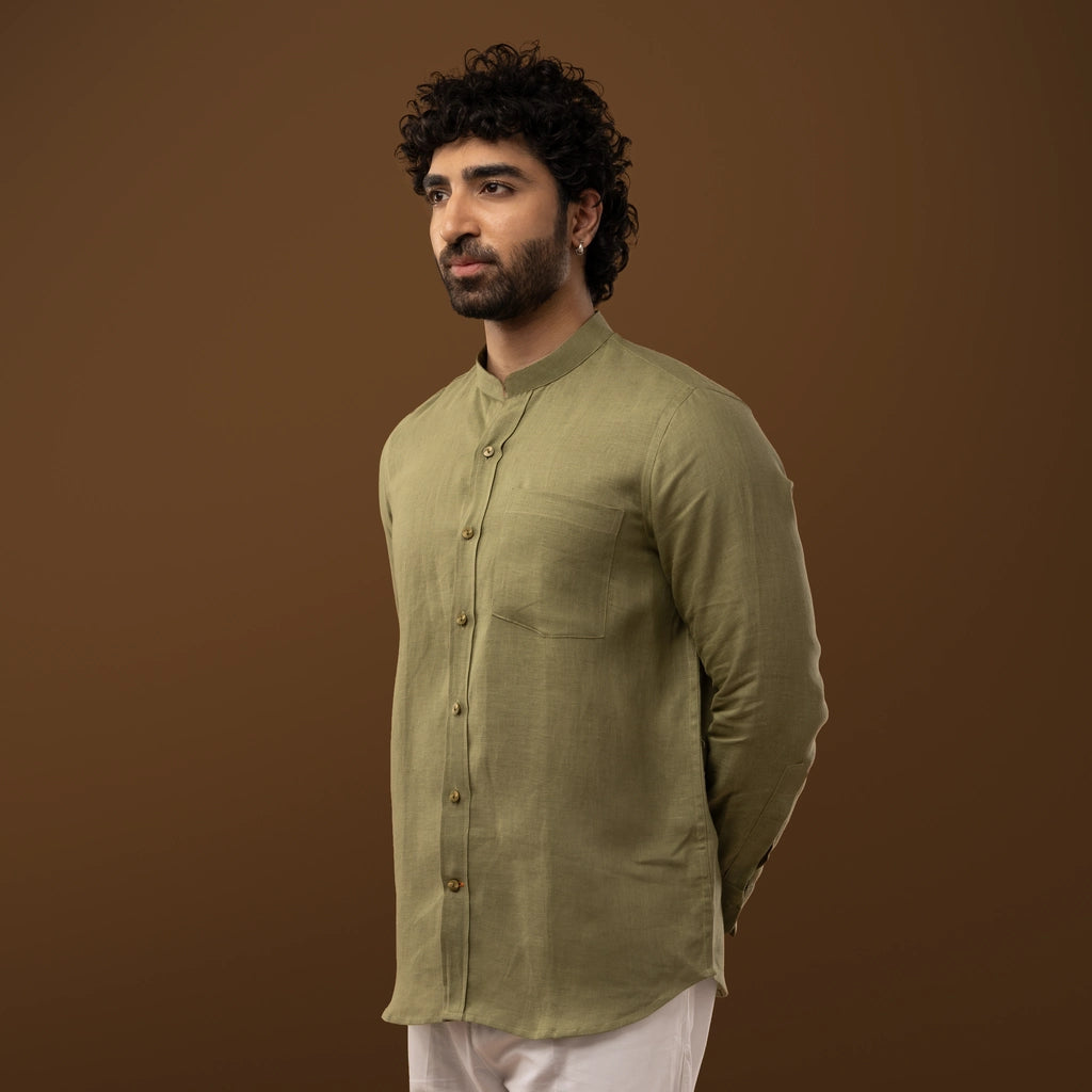 Olive Green 100% Linen Mandarin Collar Full Sleeve Shirt