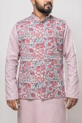 Close-up of mandarin collar and golden buttons on Pink Modi Jacket