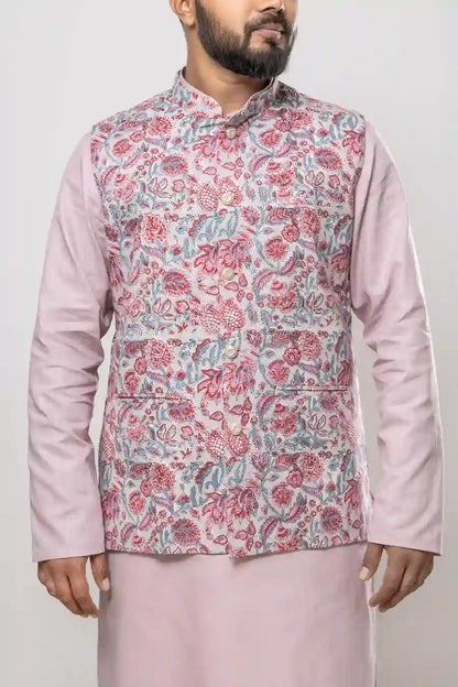 Cotton Light Pink Botanical Printed Modi Jacket