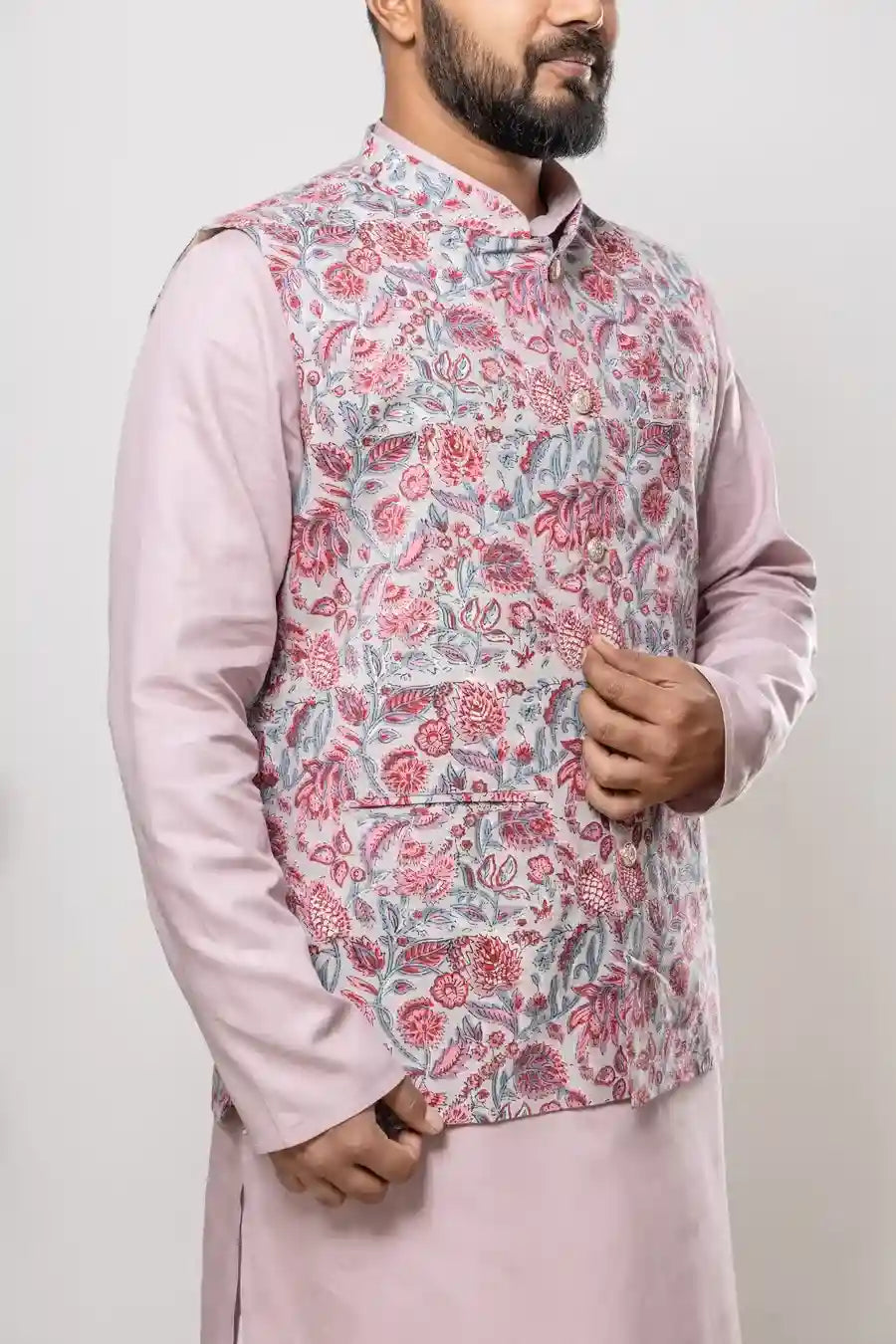 Cotton Light Pink Botanical Printed Modi Jacket