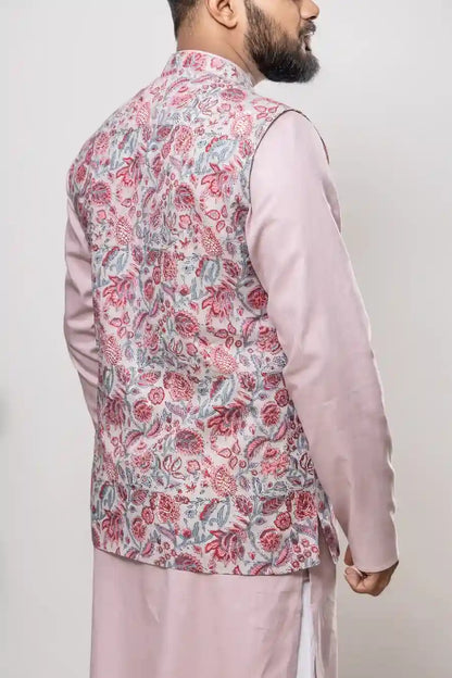Cotton Light Pink Botanical Printed Modi Jacket