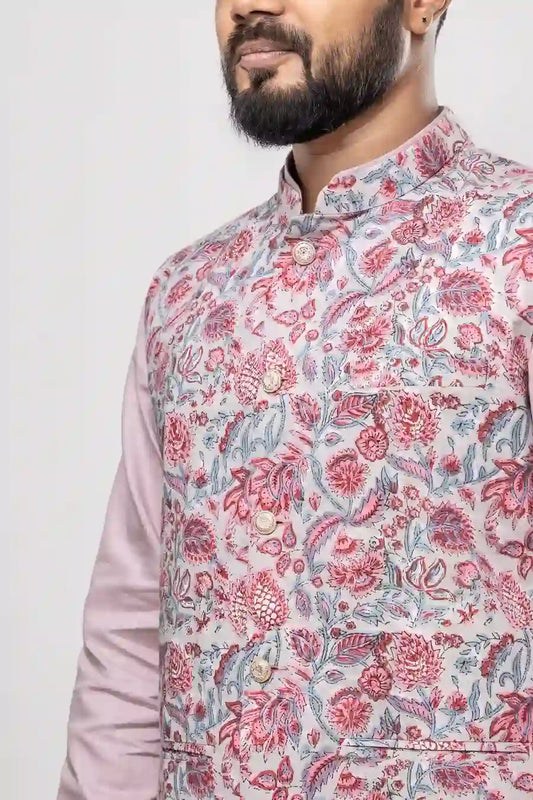 Cotton Light Pink Botanical Printed Modi Jacket