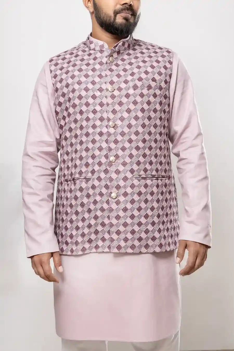 Cotton Pink Diamond Checkered Pattern Modi Jacket