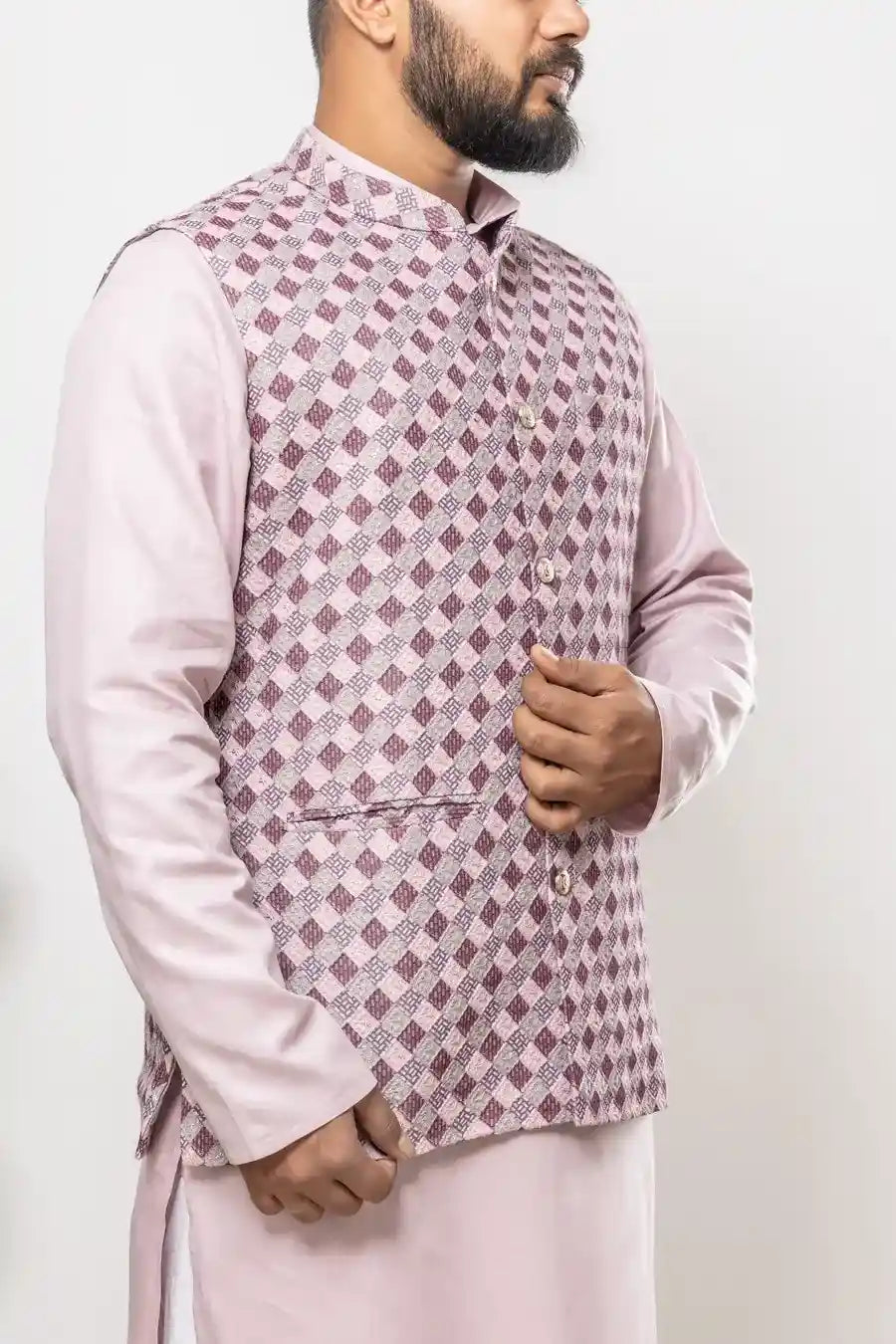 Cotton Pink Diamond Checkered Pattern Modi Jacket