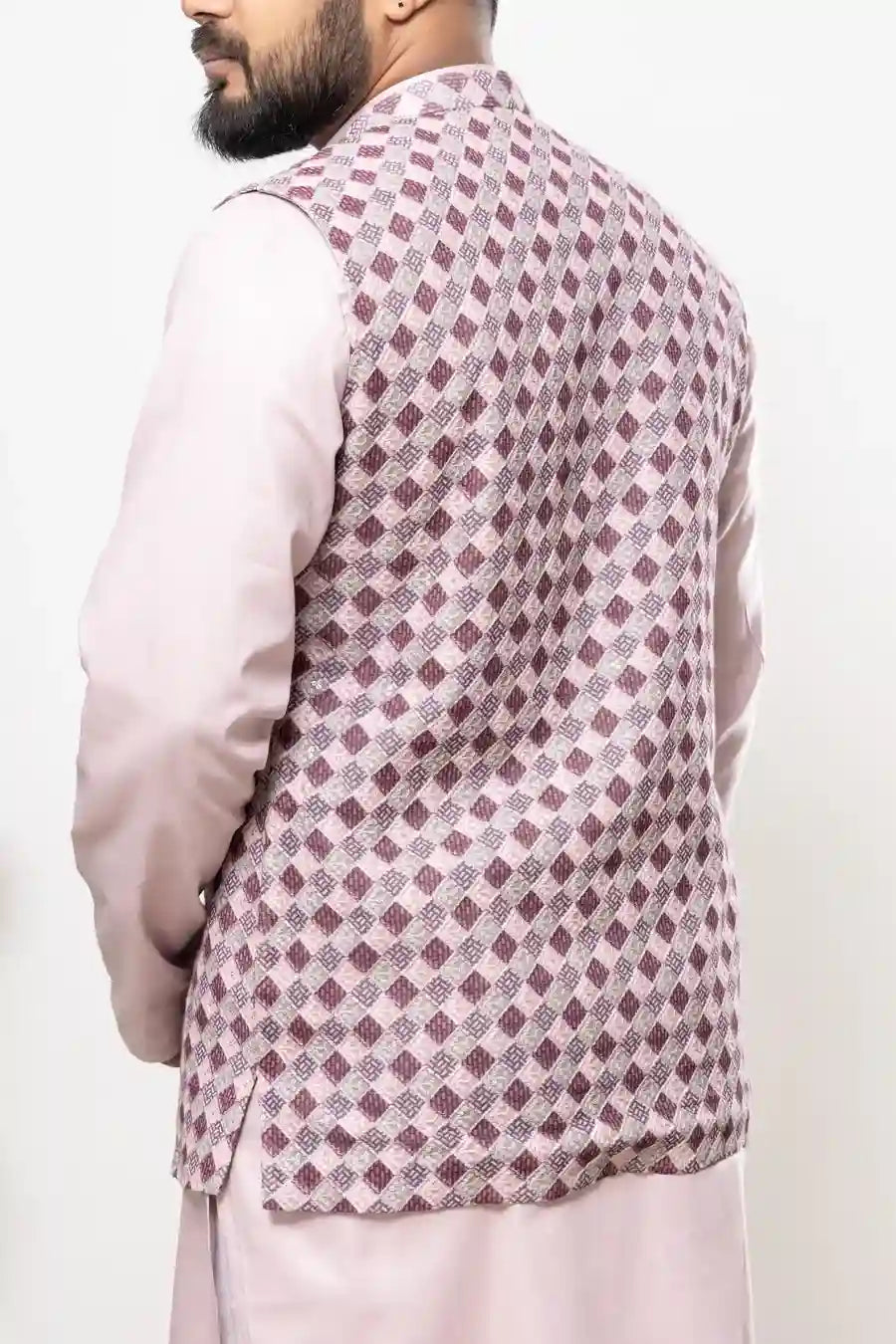 Cotton Pink Diamond Checkered Pattern Modi Jacket