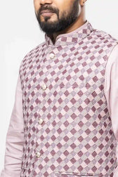 Front view of Cotton Pink Diamond Checkered Pattern Modi Jacket with mandarin collar and gold-toned buttons