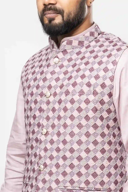 Cotton Pink Diamond Checkered Pattern Modi Jacket