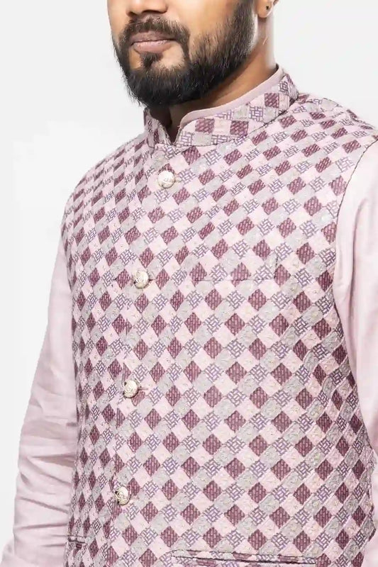 Cotton Pink Diamond Checkered Pattern Modi Jacket