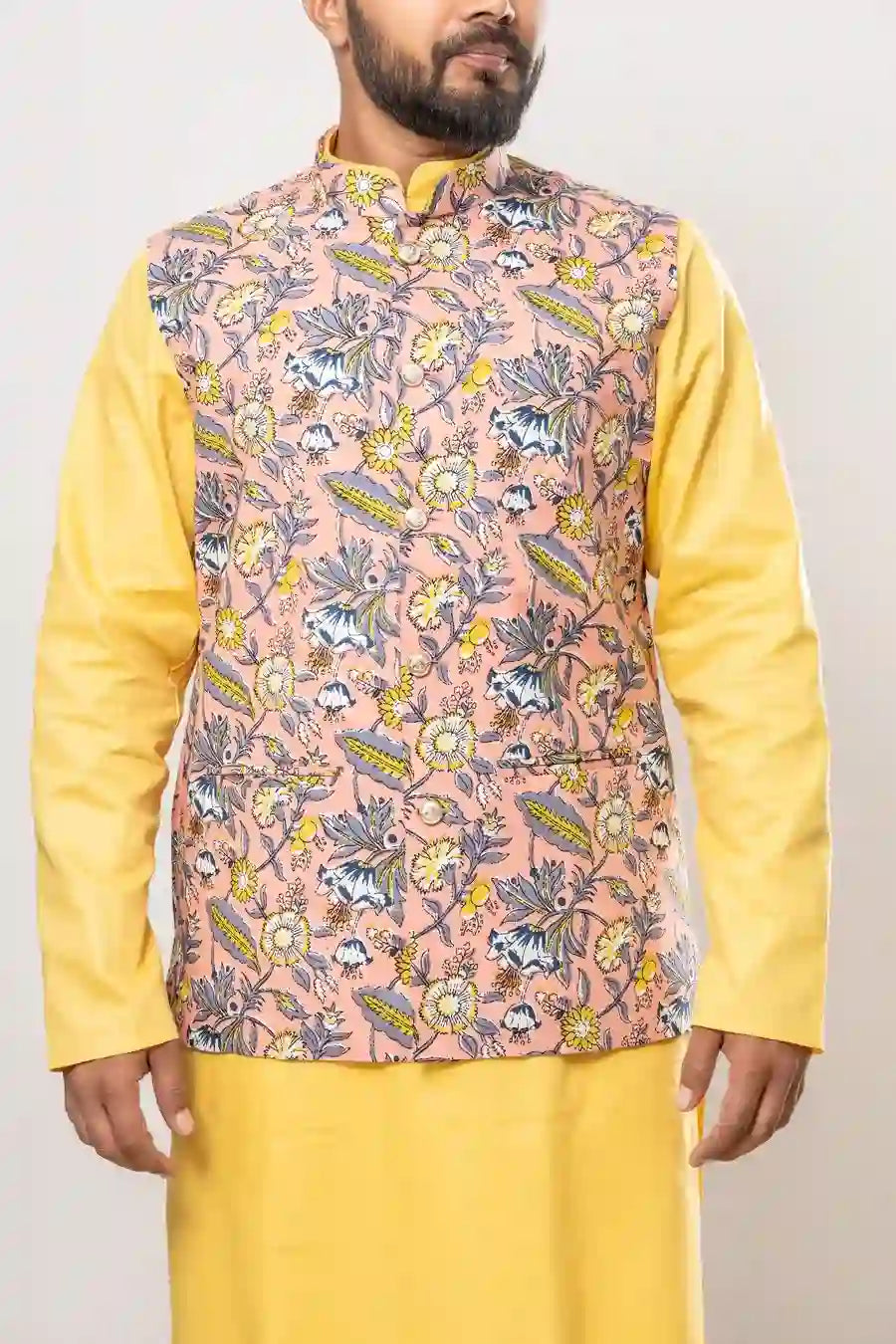 Cotton Peach Hand Block Floral Print Modi Jacket