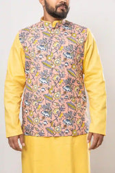 Close-up of Cotton Peach Hand Block Floral Print Modi Jacket showcasing silver-toned buttons