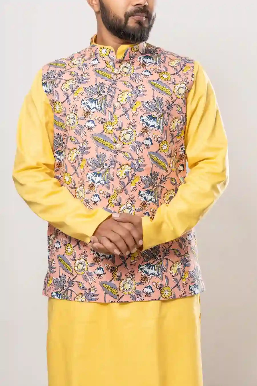 Cotton Peach Hand Block Floral Print Modi Jacket