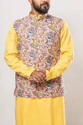 Side view of Cotton Peach Hand Block Floral Print Modi Jacket showing intricate floral prints