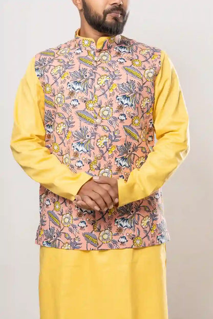 Cotton Peach Hand Block Floral Print Modi Jacket