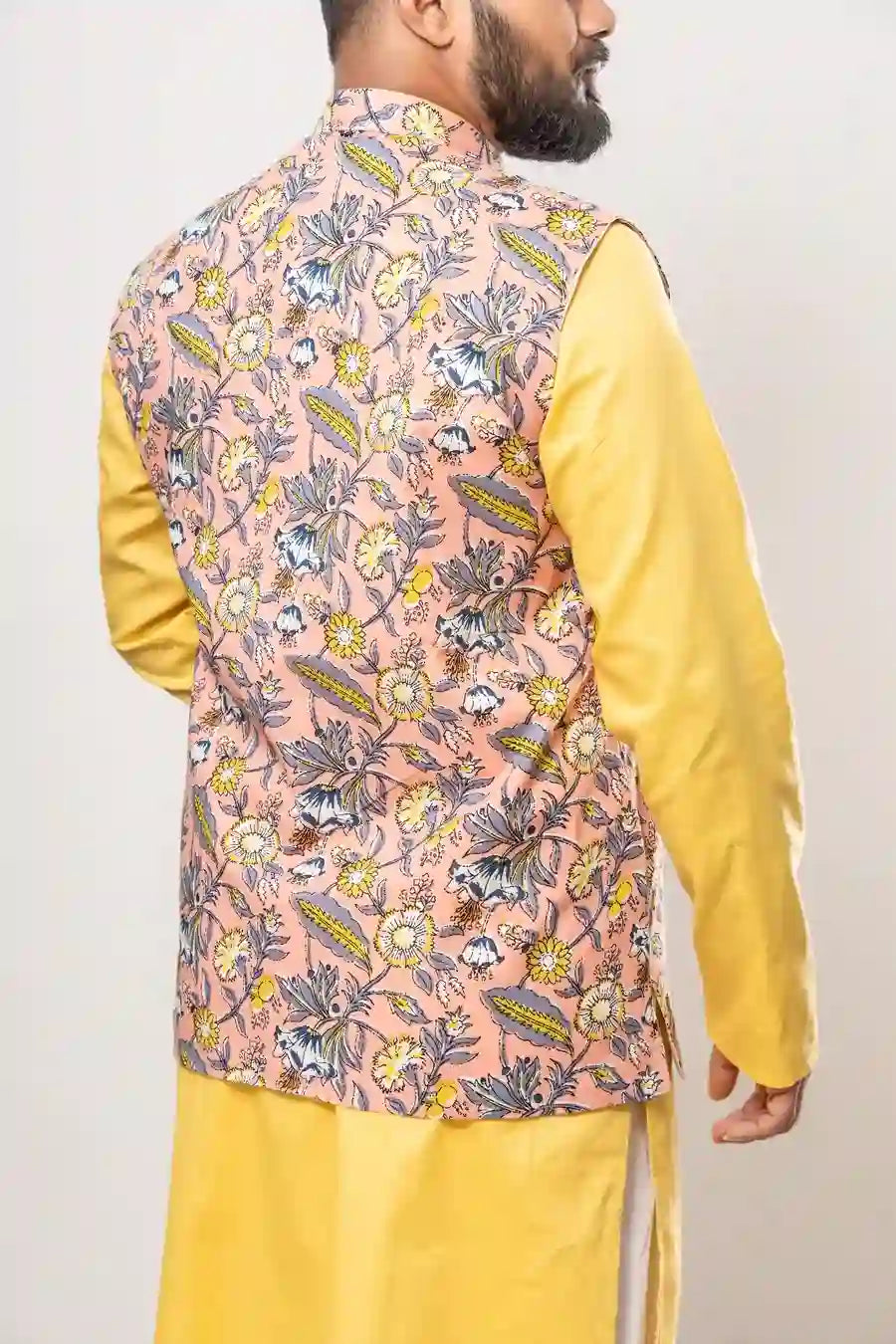 Cotton Peach Hand Block Floral Print Modi Jacket