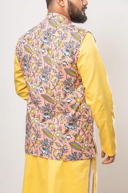 Cotton Peach Hand Block Floral Print Modi Jacket