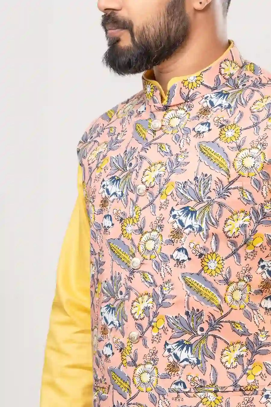 Cotton Peach Hand Block Floral Print Modi Jacket