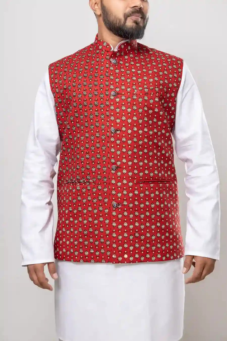 Cotton Red Jaipuri Buta Print Modi Jacket