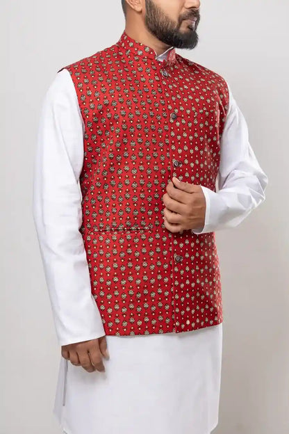 Cotton Red Jaipuri Buta Print Modi Jacket