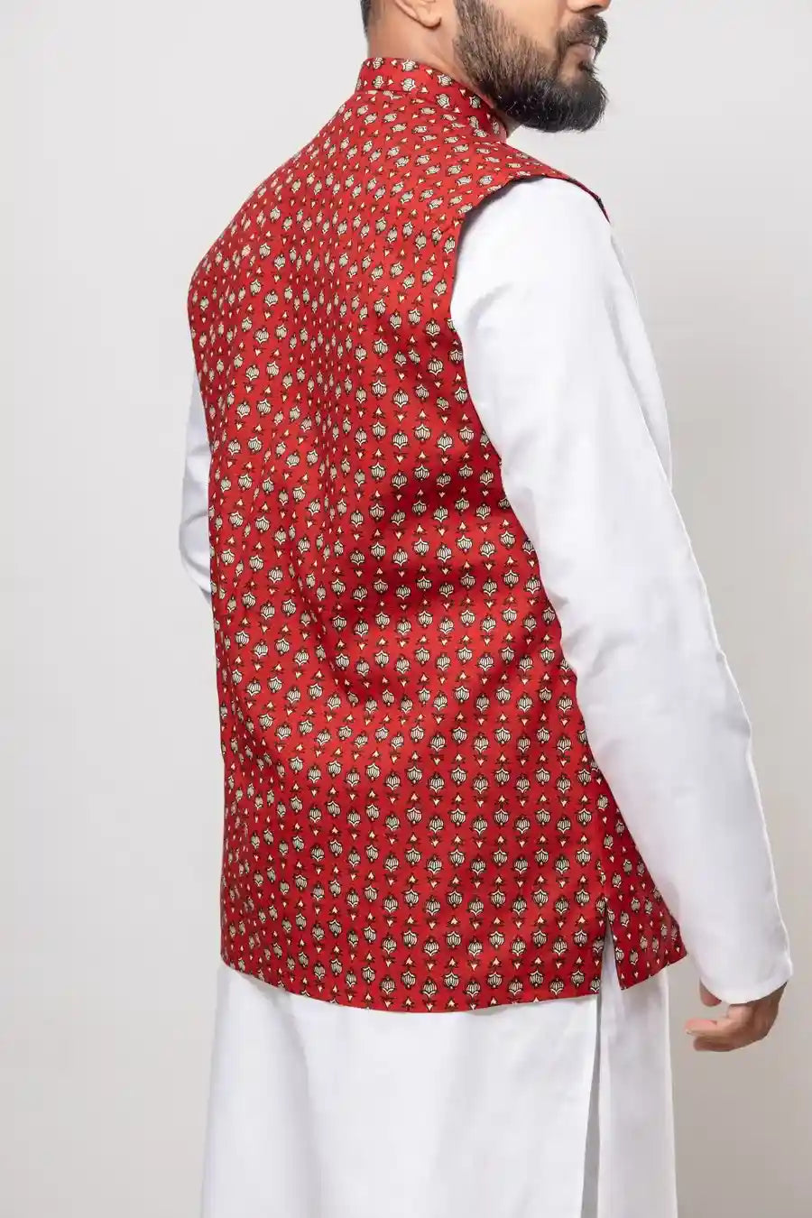 Cotton Red Jaipuri Buta Print Modi Jacket