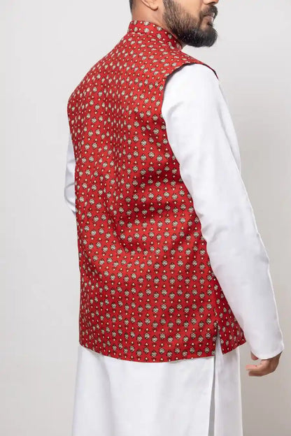 Cotton Red Jaipuri Buta Print Modi Jacket