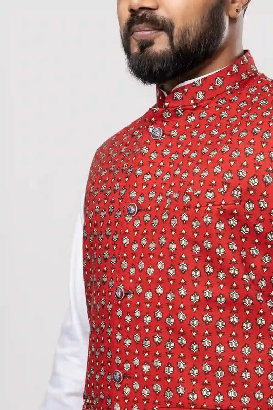 Cotton Red Jaipuri Buta Print Modi Jacket
