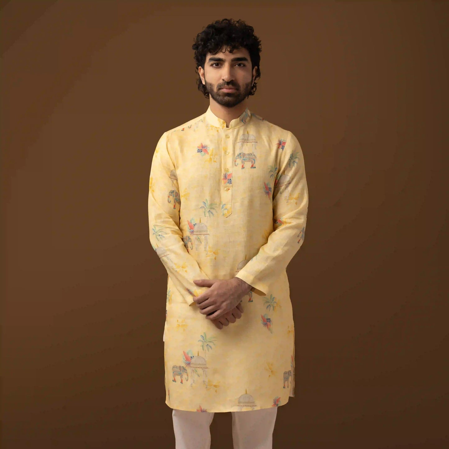 Royal Motif Yellow 100% Linen Long Kurta