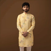 Front view of Royal Motif Yellow 100% Linen Long Kurta