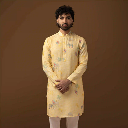 Royal Motif Yellow 100% Linen Long Kurta