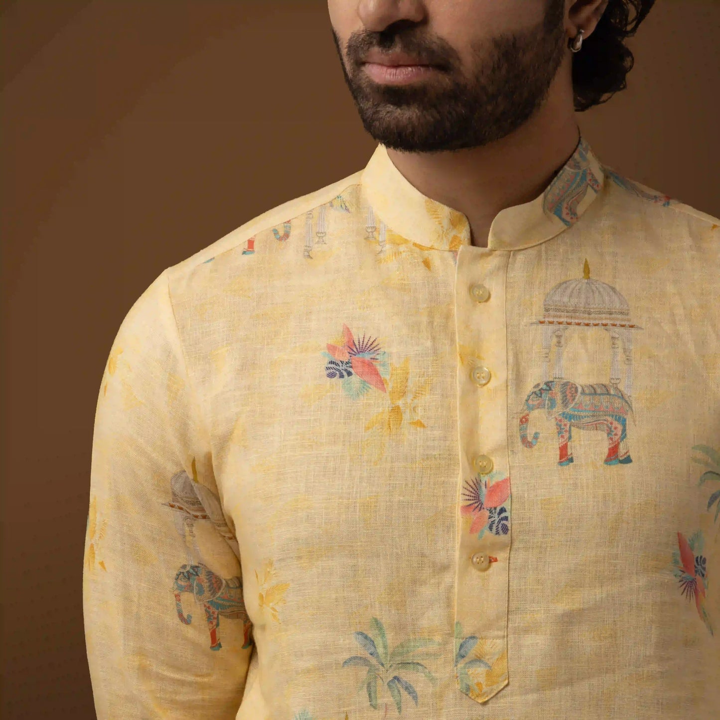 Royal Motif Yellow 100% Linen Long Kurta