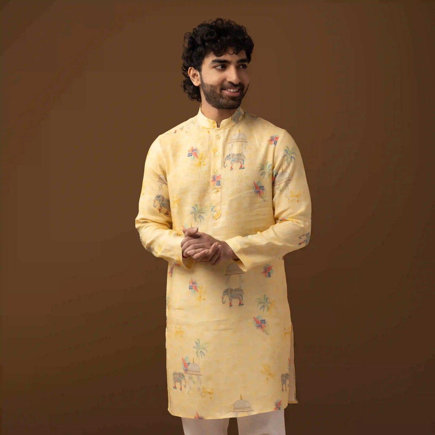 Royal Motif Yellow 100% Linen Long Kurta
