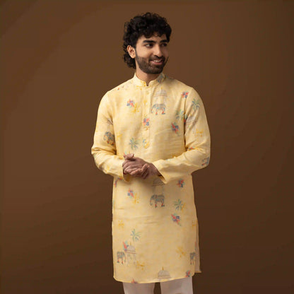 Royal Motif Yellow 100% Linen Long Kurta