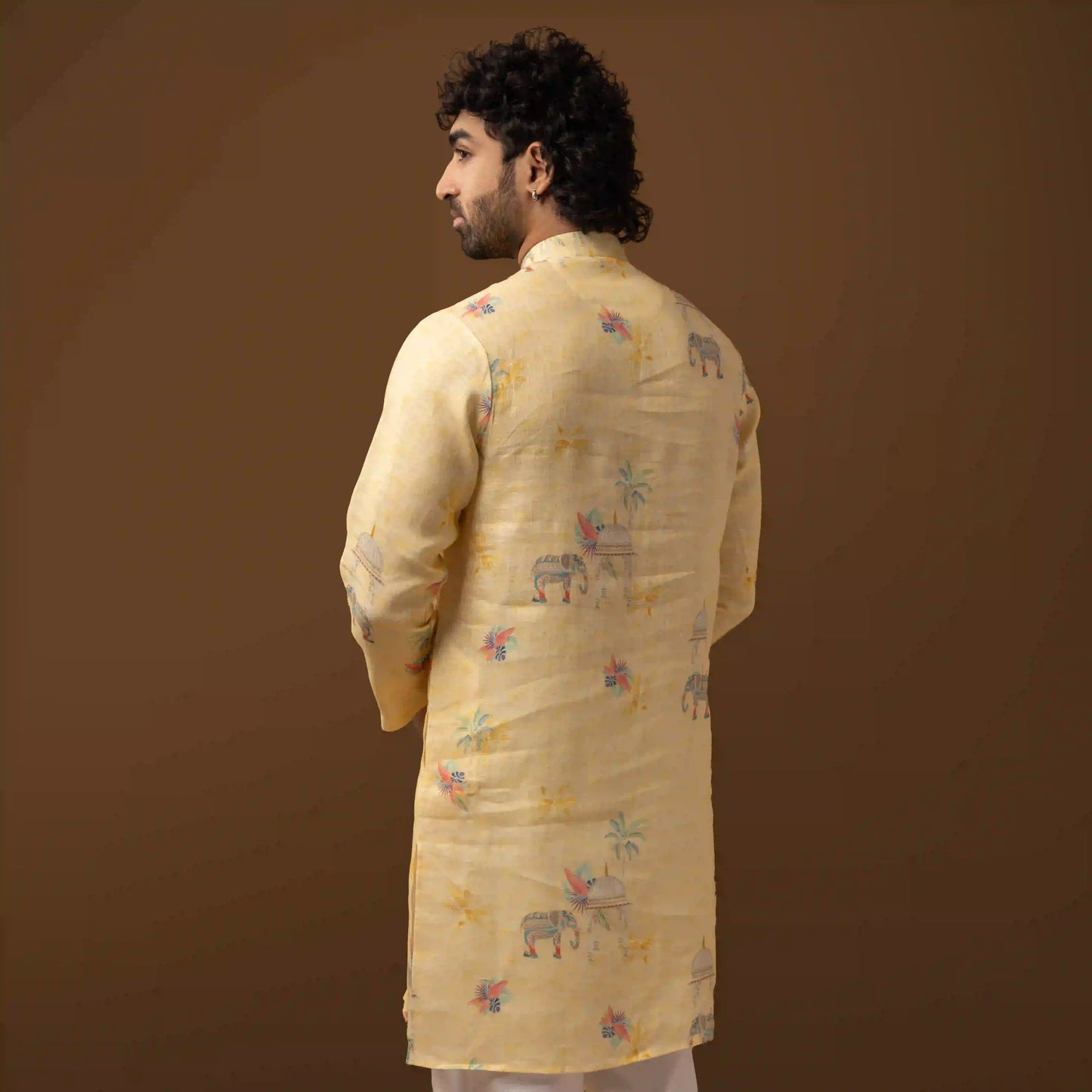 Royal Motif Yellow 100% Linen Long Kurta
