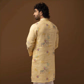 Close-up of royal motifs on Yellow 100% Linen Kurta