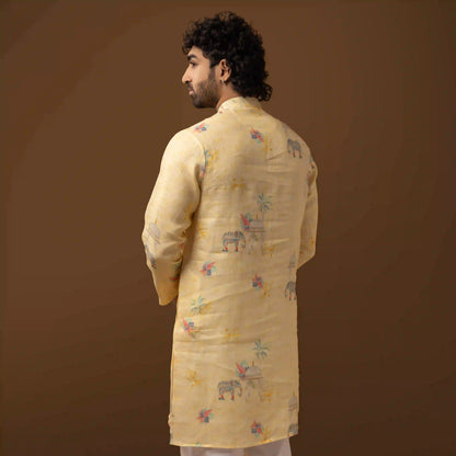 Royal Motif Yellow 100% Linen Long Kurta