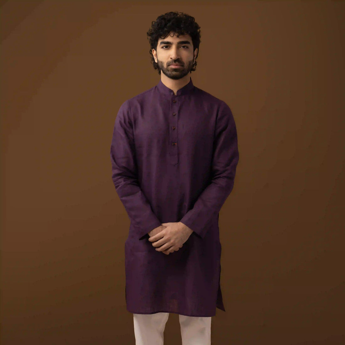 Front view of Royal Wine 100% Linen Long Kurta