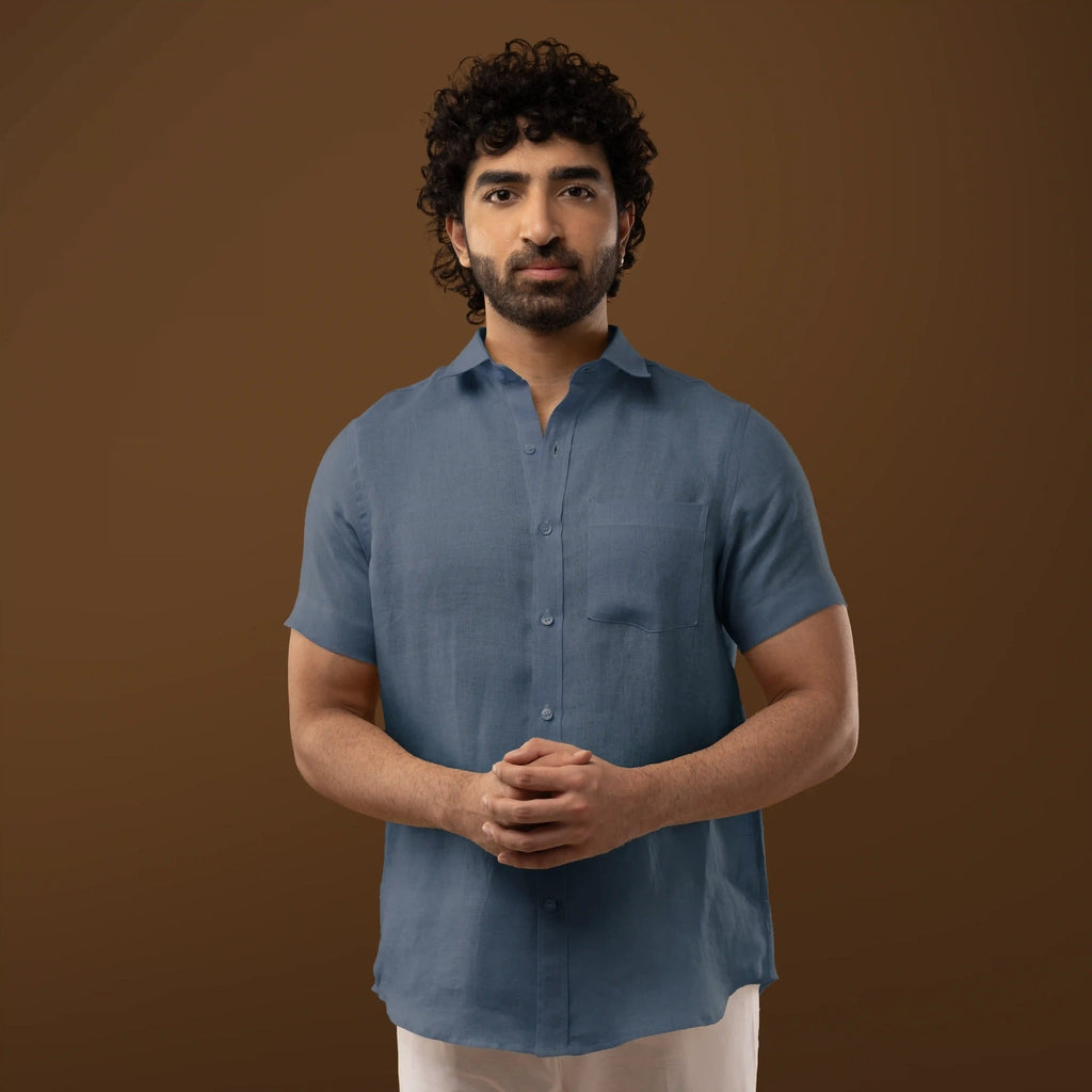 Steel Blue 100% Linen Half Sleeves Shirt