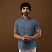 Back view of Steel Blue 100% Linen Half Sleeves Shirt