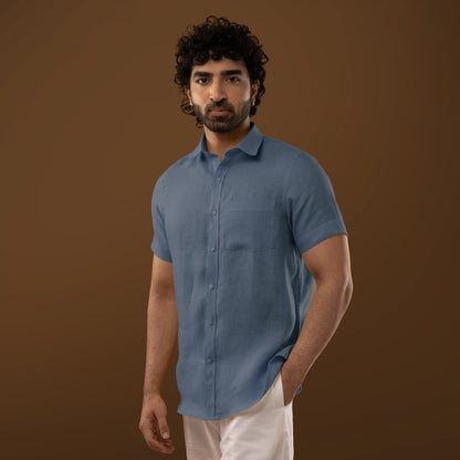 Steel Blue 100% Linen Half Sleeves Shirt
