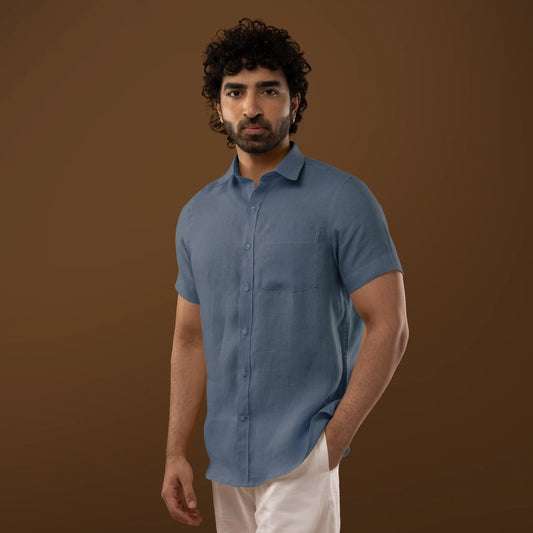 Steel Blue 100% Linen Half Sleeves Shirt