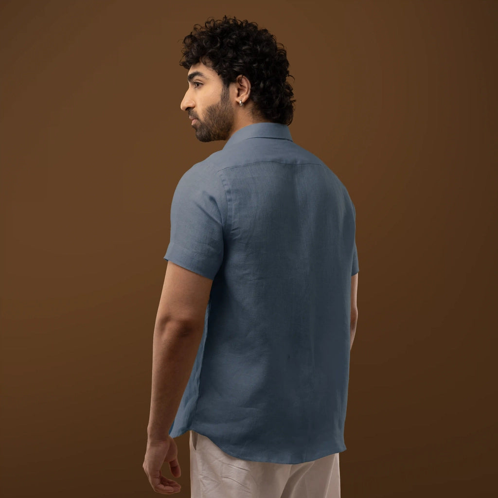 Steel Blue 100% Linen Half Sleeves Shirt