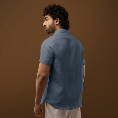 Steel Blue 100% Linen Half Sleeves Shirt