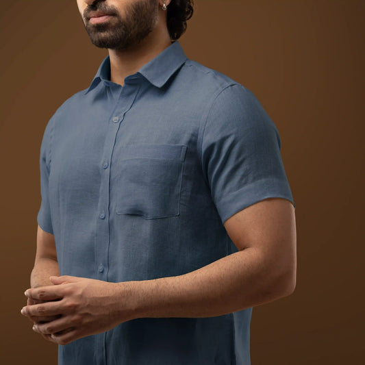Steel Blue 100% Linen Half Sleeves Shirt