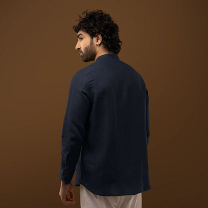 Midnight Navy Blue 100% Linen Full Sleeves Shirt