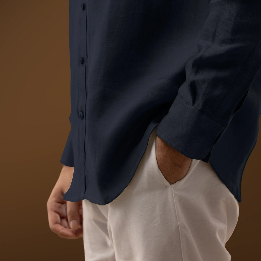Midnight Navy Blue 100% Linen Full Sleeves Shirt