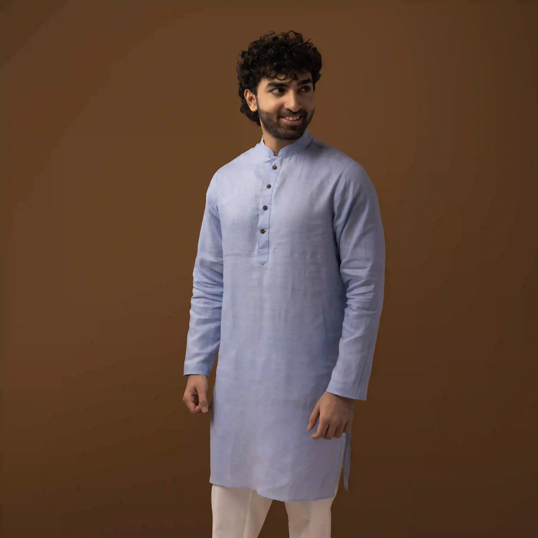 Back view of Serene Blue 100% Linen Kurta, suitable for warm-weather gatherings.