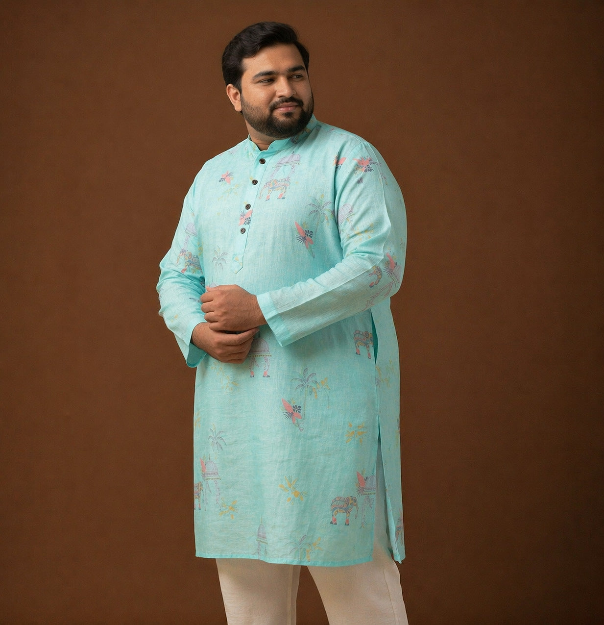 Royal Motif Aqua Mint 100% Linen Plus Size Long Kurta