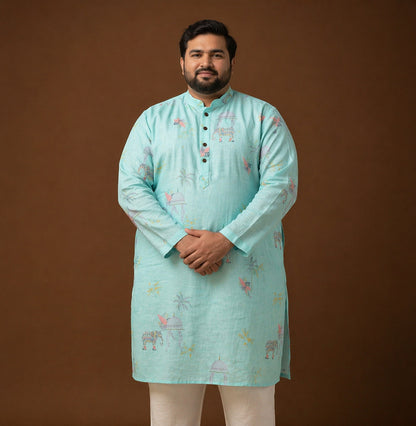 Royal Motif Aqua Mint 100% Linen Plus Size Long Kurta