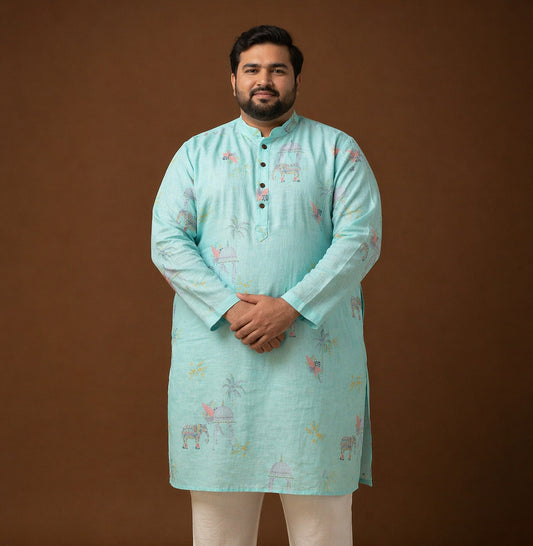 Royal Motif Aqua Mint 100% Linen Plus Size Long Kurta