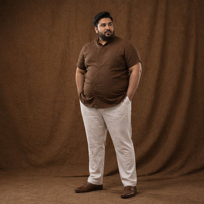Cocoa Brown 100% Linen Mandarin Collar Half Sleeve Plus Size Shirt