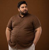 Front view of Cocoa Brown 100% linen shirt with Mandarin collar and half sleeves, plus size